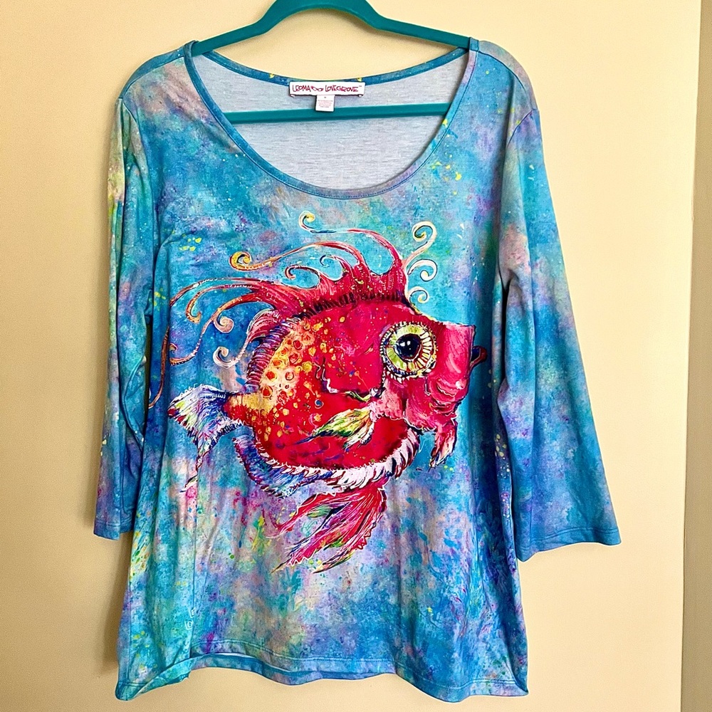 Leoma Lovegrove XL 3/4 sleeve beach colorful shirt with red fish